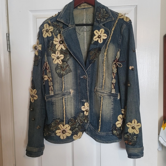 Jackets & Blazers - Embellished Floral Denim Jacket - Blue -